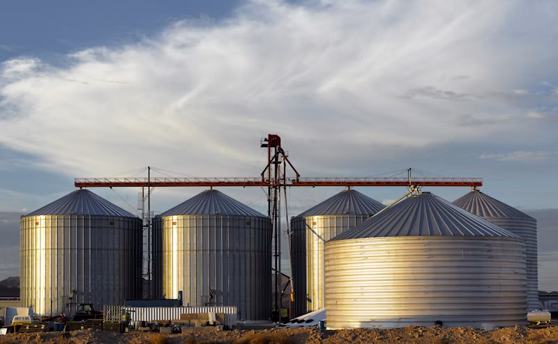 Grain storage silos at a food and agriculture facility