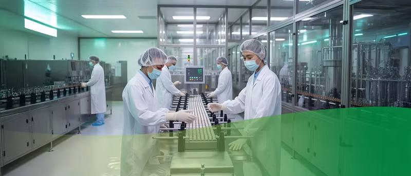 Workers manufacturing product in a sterile pharmaceutical environment