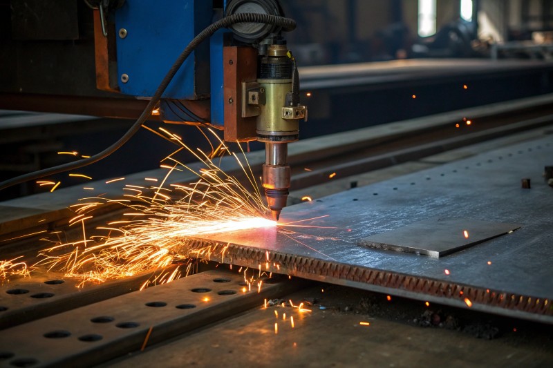 Welder working in a dark industrial shop